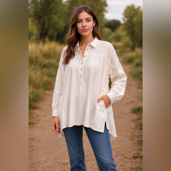 Free People Cream Oversized Button-Down Shirt Boho, Flowy, Relaxed Minimalist M - Picture 1 of 8